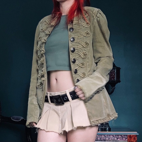 Free People Denim Seamed and Structured Military Jacket Buttons Olive Green XS - Picture 1 of 11